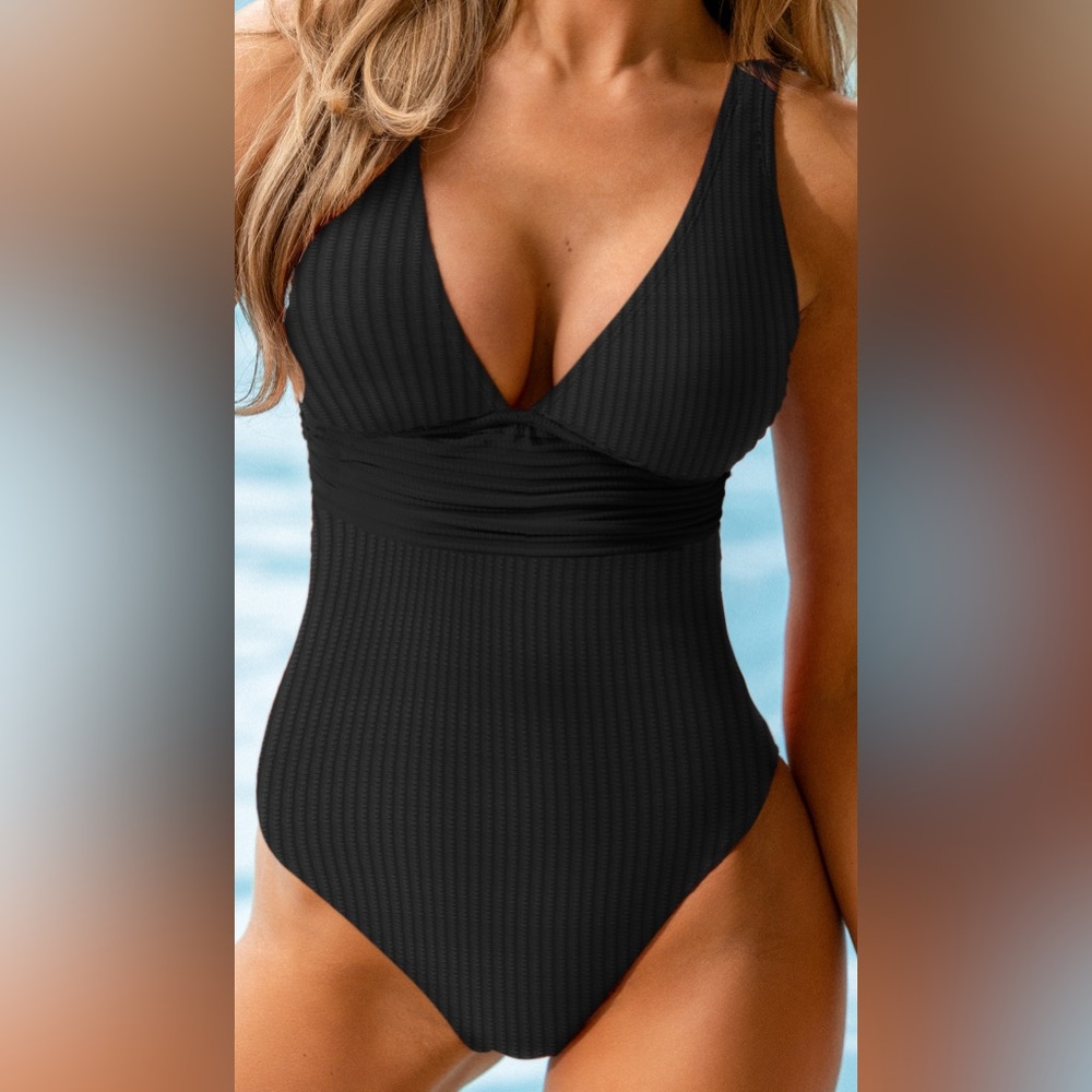 Black Ribbed One Piece Swimsuit Vneck  padded ruched  NWT swimwear Large xlarge